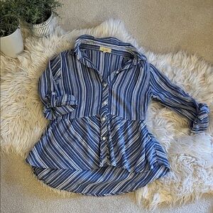Anthropologie Love Notes Blue Striped Peplum Button Down Top – Size Medium